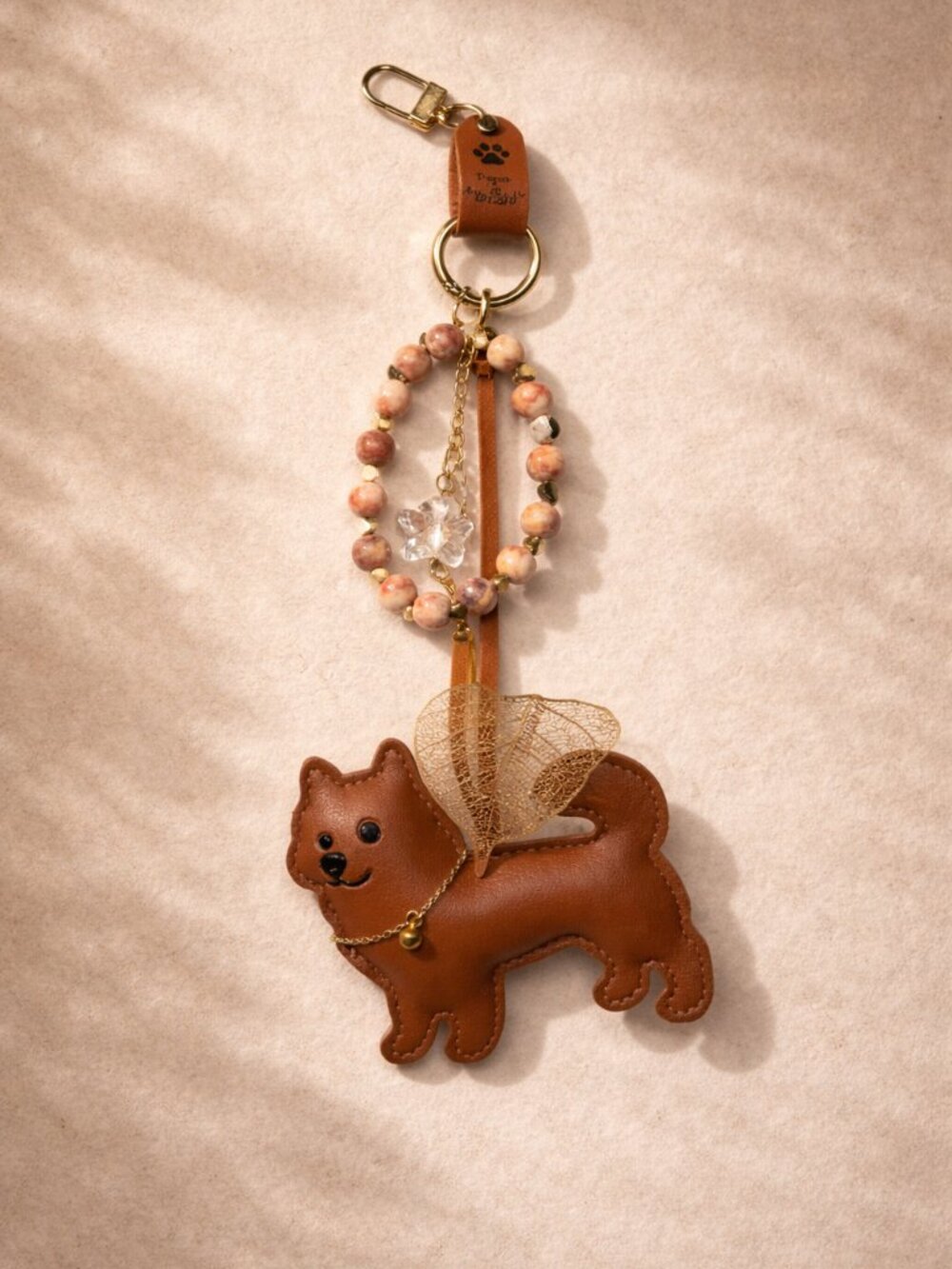 Handmade Leather Dog Keychain with Beaded Wristlet – 12" Length